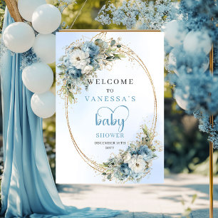 Affiche Baby Shower Bohème Bleu Poussiéreux Floral Eucalyp