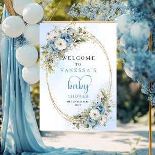 Affiche Baby Shower Bohème Fleurs Bleu Poussière Eucalyptu