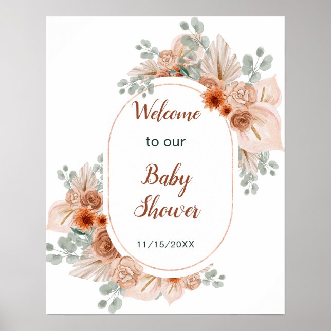 Affiche Baby Shower Bohème Herbe de Pampas Terracotta (Devant)