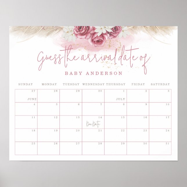 Affiche Baby Shower Bohème Tropical Devinez la Date d'Arri (Devant)