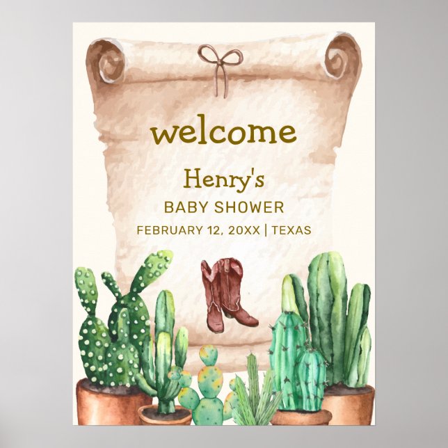 Affiche Baby shower Boots Cactus Cowboy vintage Bienvenue (Devant)