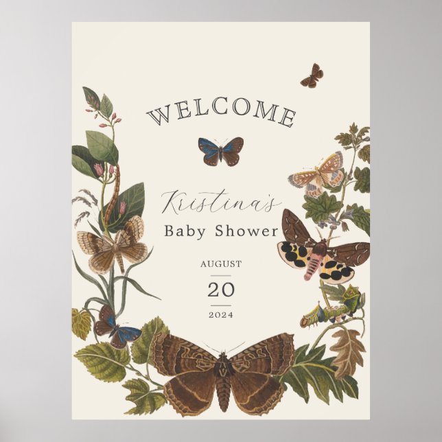 Affiche Baby shower botanique Vintage Woodland Bienvenue (Devant)