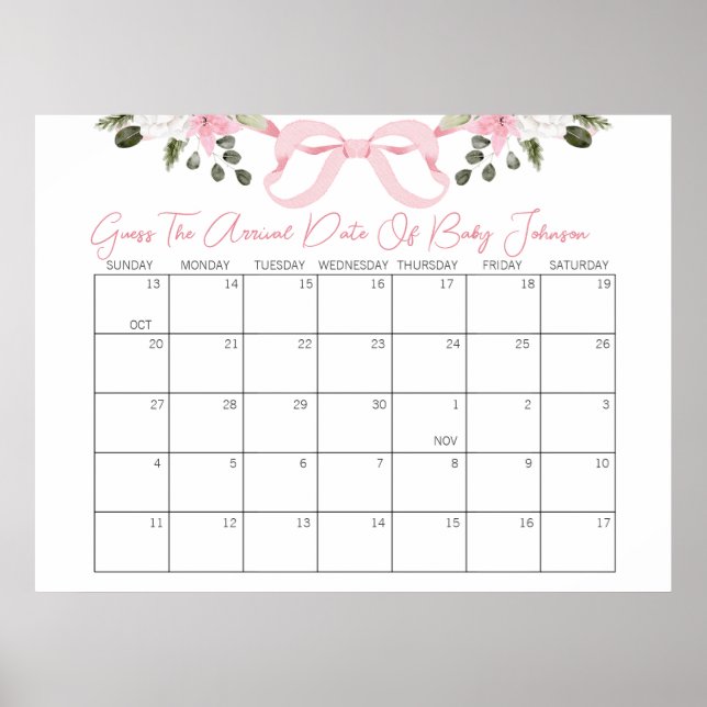 Affiche Baby shower Bow Guidez le calendrier de la date de (Devant)