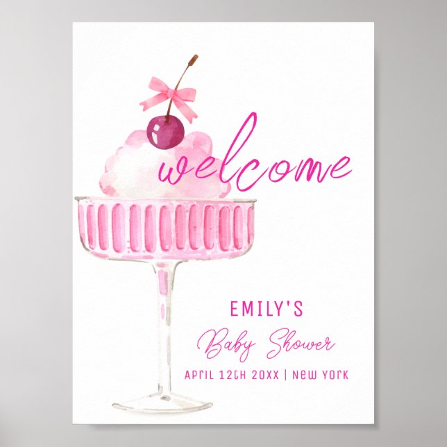 Affiche Baby shower Brunch Champagne Cerise Rose Accueil (Devant)