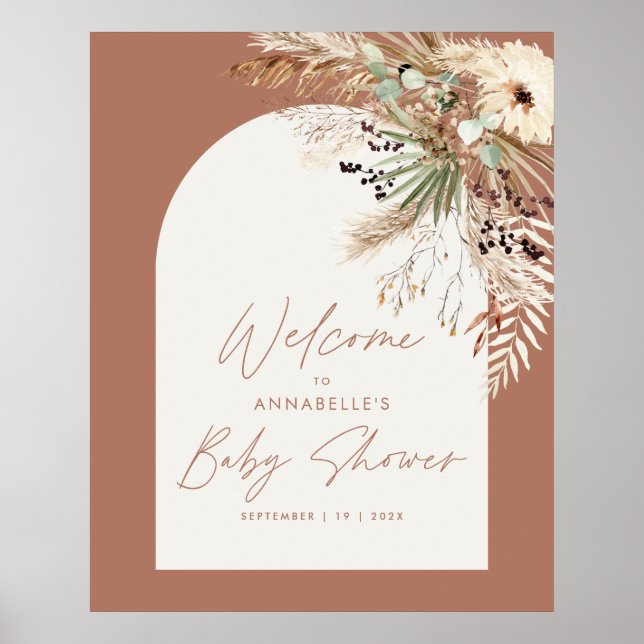 Affiche Baby shower budget pampas moderne terre cuite rust (Devant)