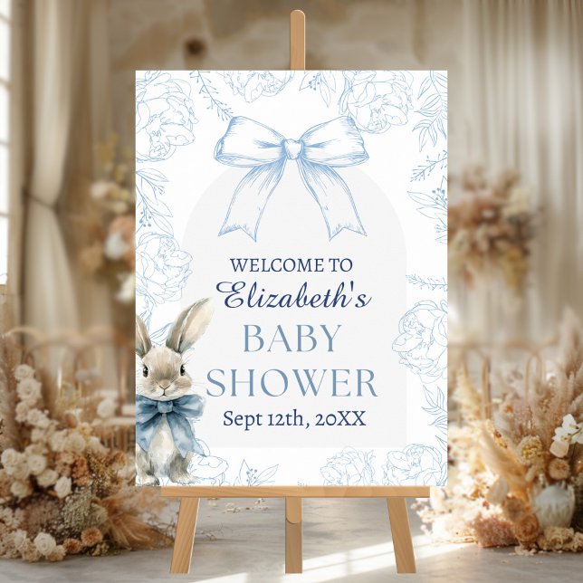 Affiche Baby shower Bunny Bleu Bienvenue (Blue Bunny Baby Shower Welcome sign)