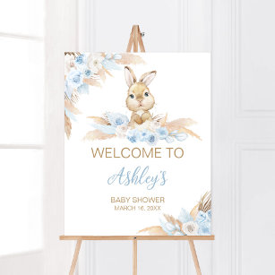 Affiche Baby shower Bunny Boho Bleu Bienvenue