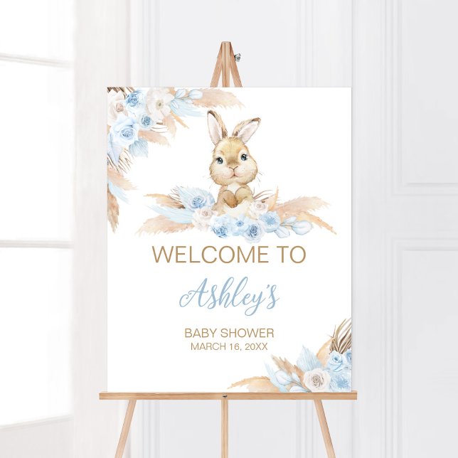 Affiche Baby shower Bunny Boho Bleu Bienvenue (Pampas Grass Boy Bunny Baby Shower Welcome Sign)