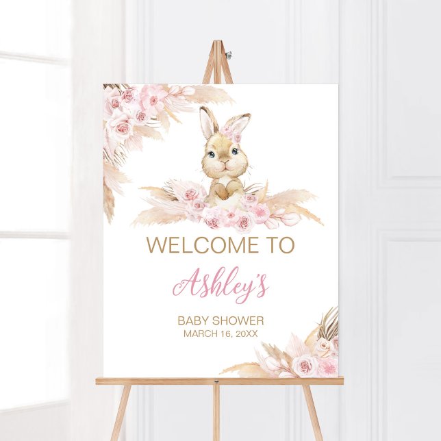 Affiche Baby shower Bunny Boho Rose Bienvenue (Pampas Grass Girl Bunny Baby Shower Welcome Sign)