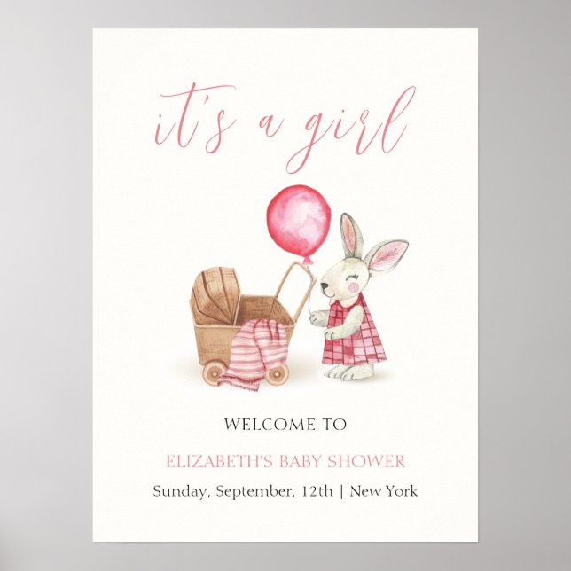 Affiche Baby shower Bunny Bunny Pink Stroller Bienvenue (Devant)