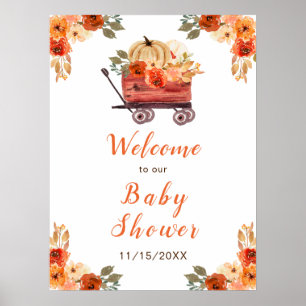 Affiche Baby Shower Camion de Citrouille Floral Orange