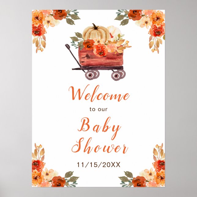 Affiche Baby Shower Camion de Citrouille Floral Orange (Devant)