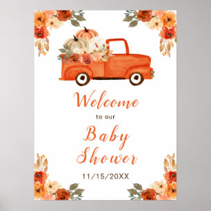 Affiche Baby Shower Camion de Citrouille Floral Orange