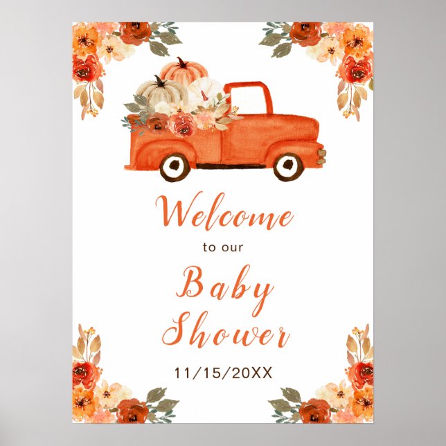 Affiche Baby Shower Camion de Citrouille Floral Orange (Devant)