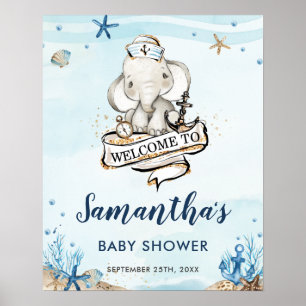 Affiche Baby shower chic Nautique Elephant Boy Bienvenue
