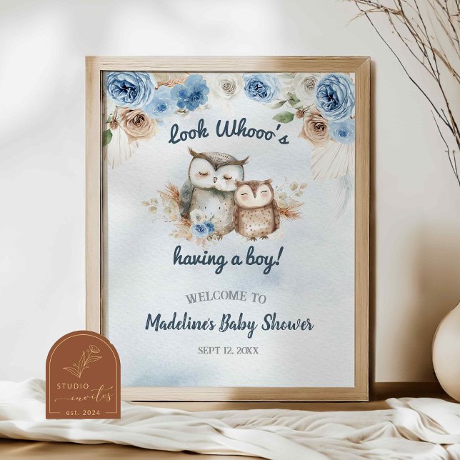 Affiche Baby Shower Chouette Bohème Bleu (Créateur téléchargé)