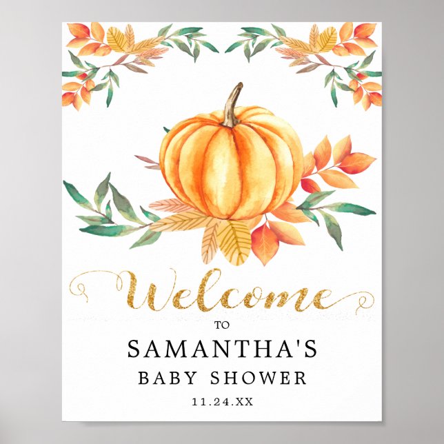 Affiche Baby Shower Citrouille Aquarelle Orange Dorée Auto (Devant)