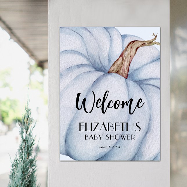 Affiche Baby shower Citrouille bleu Bienvenue (Blue Pumpkin Fall Boy Baby Shower Welcome Sign Poster)