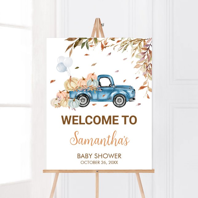 Affiche Baby shower Citrouille Blue Truck (Boy Little Pumpkin Truck Baby Shower Welcome Sign)