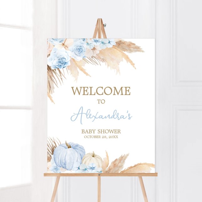 Affiche Baby shower Citrouille Boho bleu Bienvenue (Boy Little Pumpkin Baby Shower Welcome Sign)