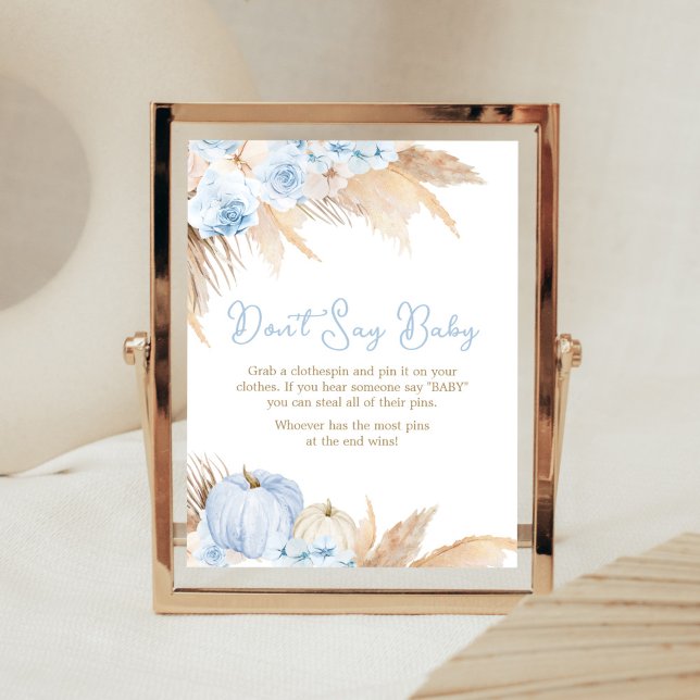 Affiche Baby shower Citrouille Boho bleu ne pas dire bébé (Boy Little Pumpkin Baby Shower Don't Say Baby Sign)