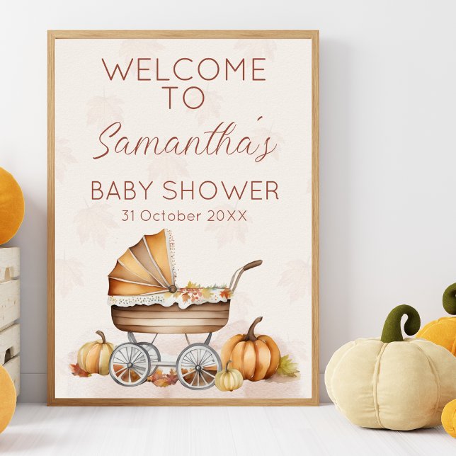 Affiche Baby shower Citrouille d'automne aquarelle Bienven (Pumpkin Themed Baby Shower Welcome Poster)