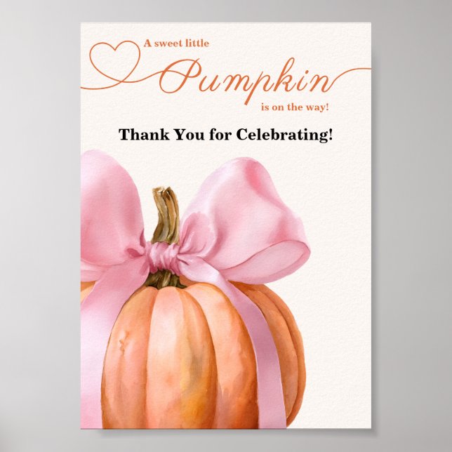 Affiche Baby shower Citrouille de Bow rose "Merci (Devant)