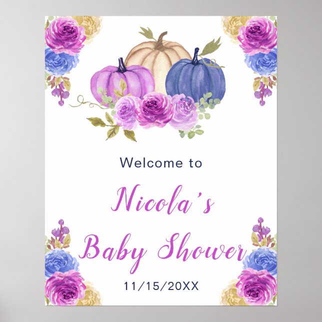 Affiche Baby shower Citrouille de couleur violet et bleu m (Devant)
