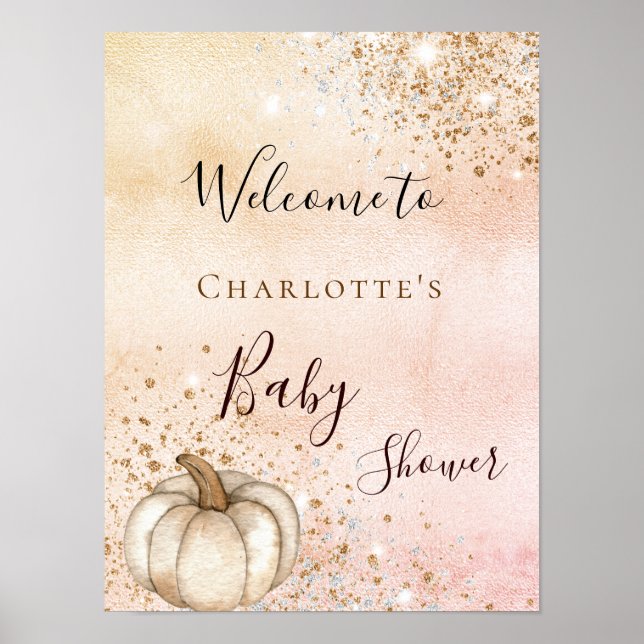 Affiche Baby shower citrouille rose parties scintillant or (Devant)