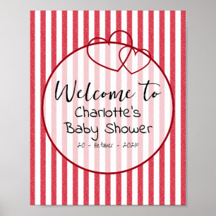 Affiche Baby Shower Cœurs Doubles Rayures de Craie Rouge M