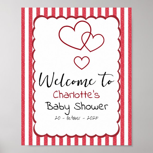 Affiche Baby Shower Cœurs Triples Rayures Craie Rouge Mode (Devant)