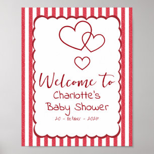 Affiche Baby Shower Cœurs Triples Rayures de Craie Rouge M