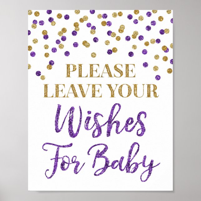 Affiche Baby shower Confetti en or violet souhaits pour bé (Devant)