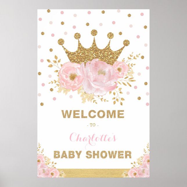 Affiche Baby shower Couronne princesse rose Fleur Bienvenu (Devant)