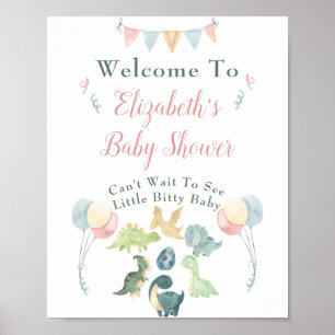 Affiche Baby shower Cute Dinosaur Maman Nom Rose Bienvenue
