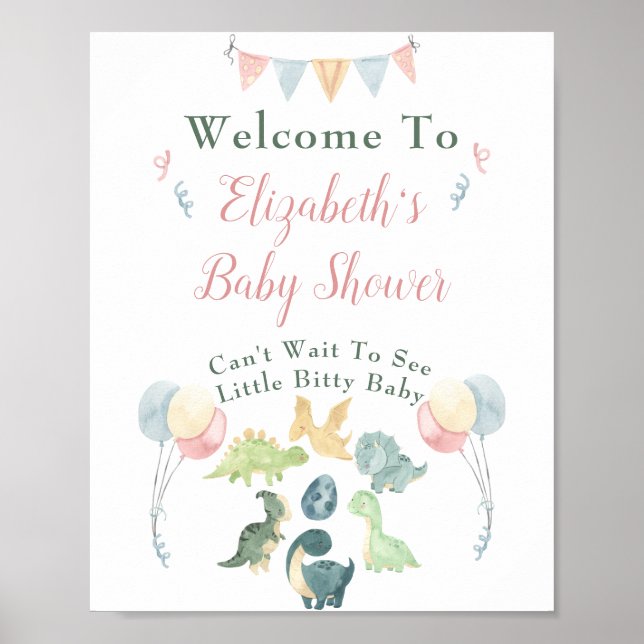 Affiche Baby shower Cute Dinosaur Maman Nom Rose Bienvenue (Devant)