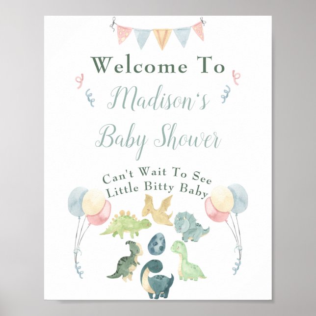 Affiche Baby shower Cute Dinosaur Nom de la maman Bleu Bie (Devant)