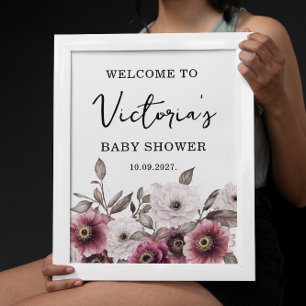 Affiche Baby shower d'accueil à la prune blanche