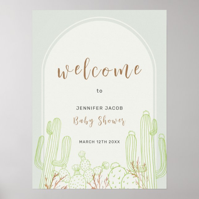 Affiche Baby shower d'accueil Boho Cactus Line Art Arch (Devant)