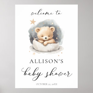 Affiche Baby shower d'accueil de l'ours en peluche neutre