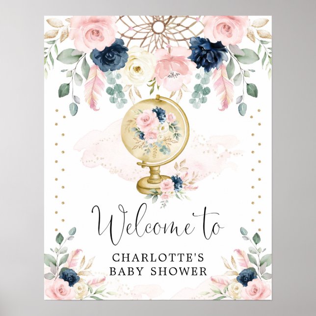 Affiche Baby shower d'accueil de Navy Blush Travel Dreamca (Devant)