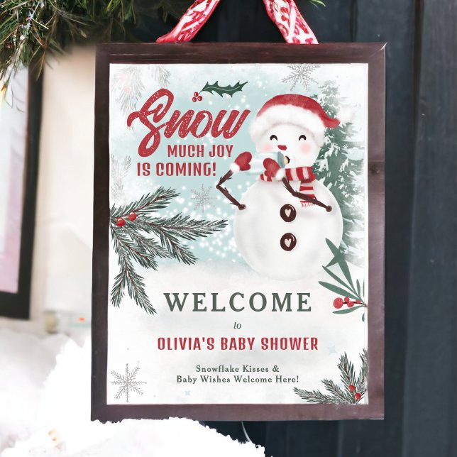 Affiche Baby shower d'accueil de snowman de pin vert d'hiv (Winter green pine ice snowman welcome baby shower poster)