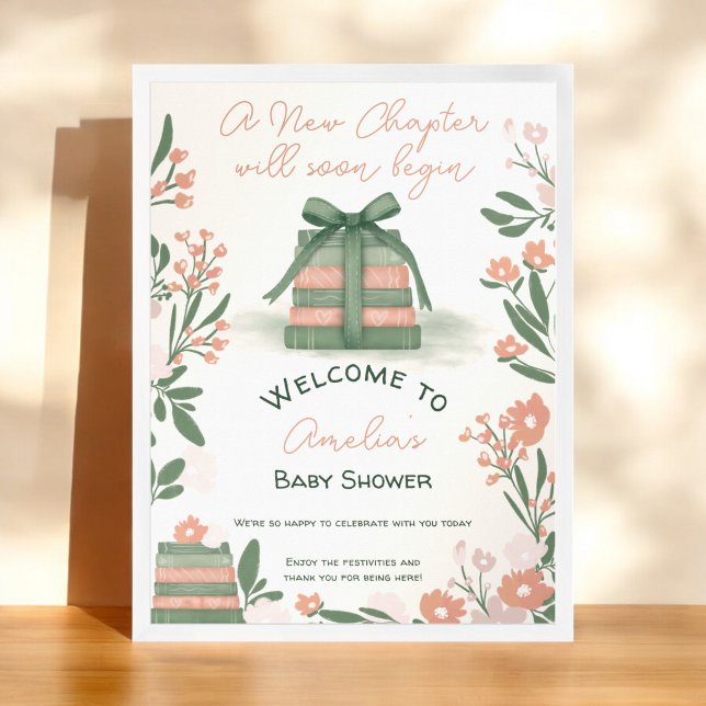 Affiche Baby shower d'accueil du nouveau chapitre vert lun (Whimsical green New Chapter Welcome Baby Shower Poster)