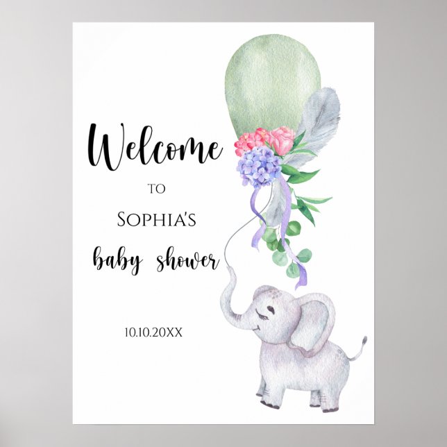 Affiche Baby shower d'accueil Elephant & Balloon (Devant)