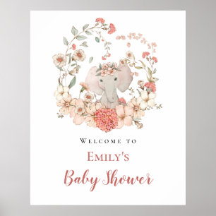Affiche Baby shower d'accueil Elephant Foliing Peach
