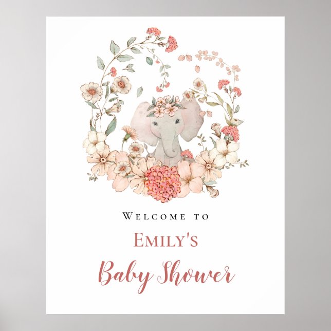 Affiche Baby shower d'accueil Elephant Foliing Peach (Devant)