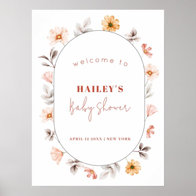 Affiche Baby shower d'accueil Fleur sauvage Boho simple (Devant)