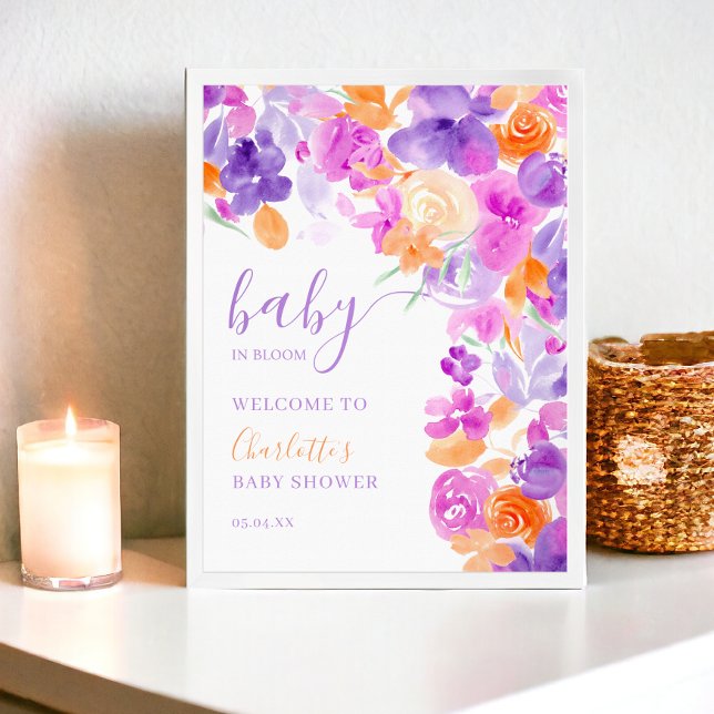 Affiche Baby shower d'accueil fleuri violet pastel (Pastel purple orange floral welcome baby shower poster)