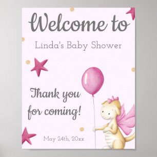 Affiche Baby shower d'accueil pour fille rose Dragon