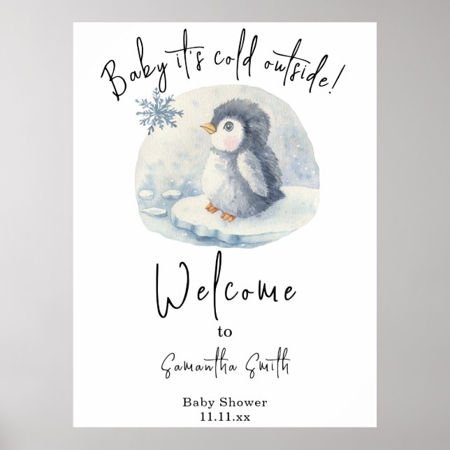 Affiche Baby shower d'accueil pour les pingouins arctiques (Devant)